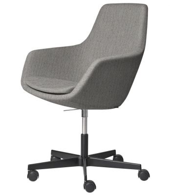 Grauer Little Giraffe Drehstuhl mit festem Bezug und schwarzem Fußkreuz mit Rollen.